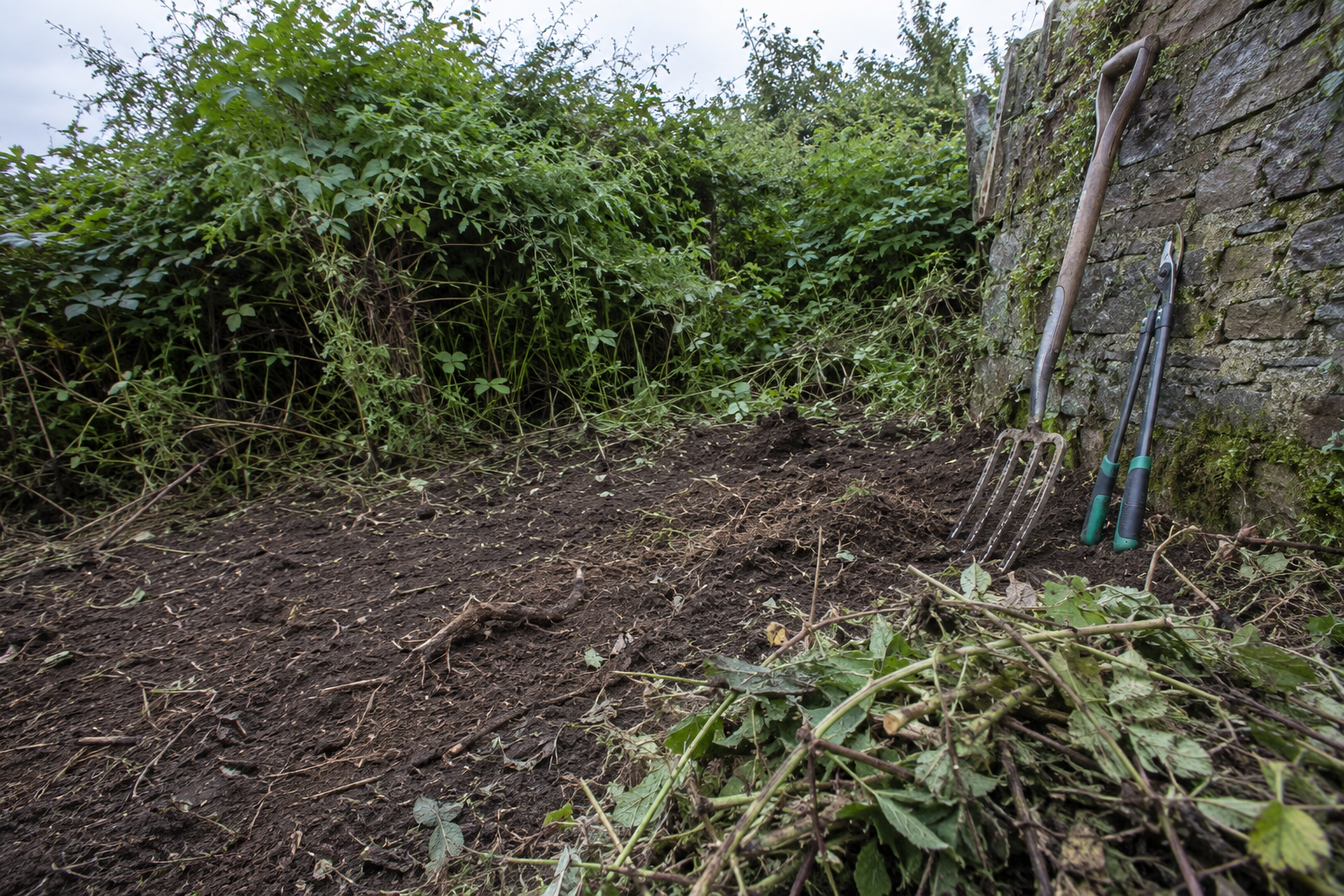 Barrow of green waste and a rake