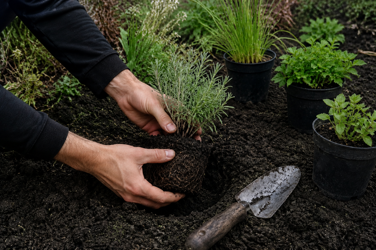 Planting — hands, a trowel, plants going into a border