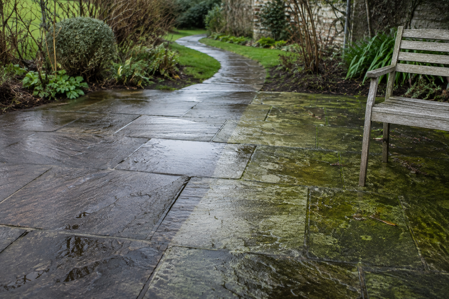 A washed patio, or a fence being treated